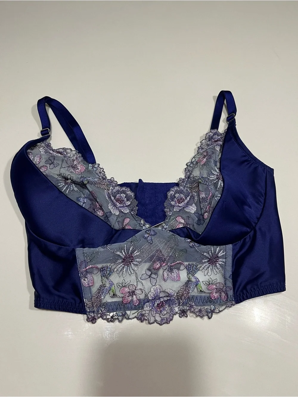 Victoria's Secret Navy Blue Satin & Floral Lace Longline Bra
